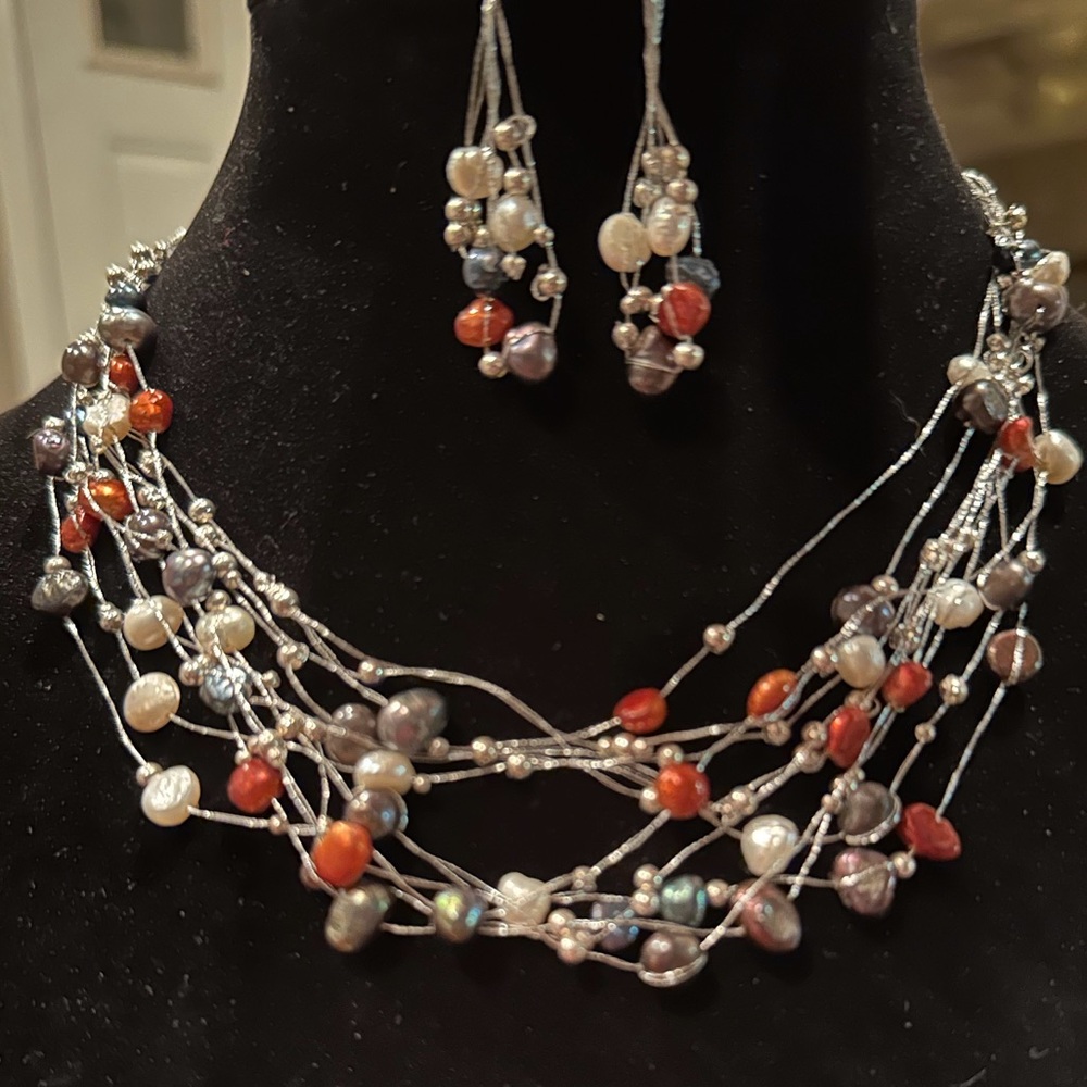 Multi colored pearl, multi strand necklace and earrings